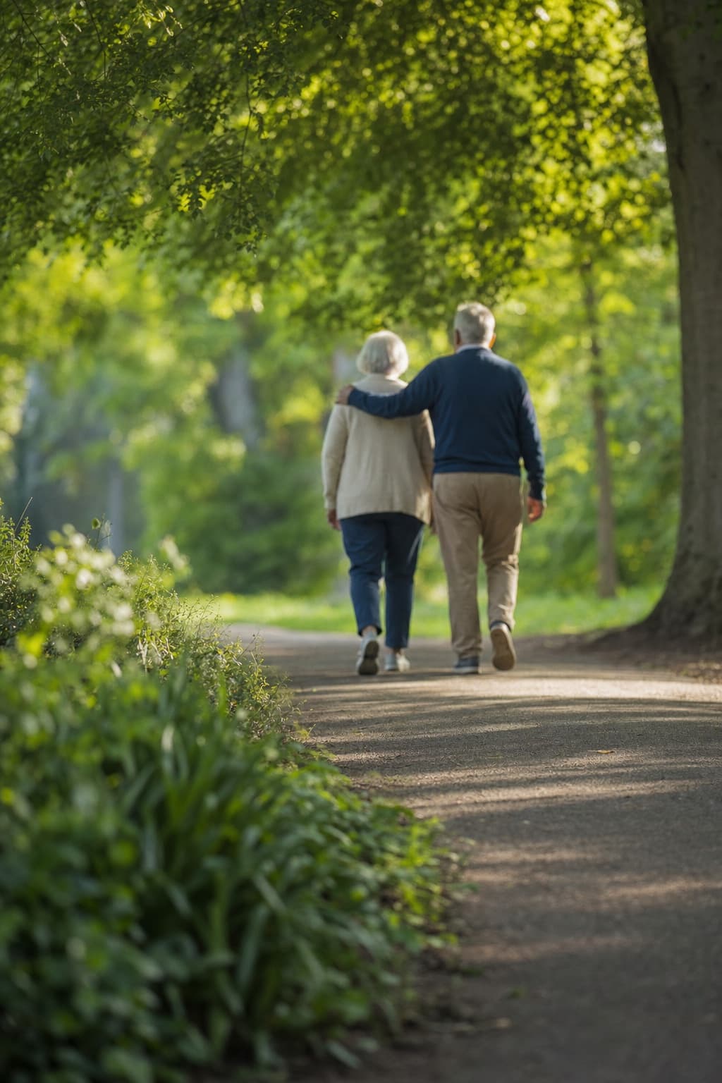 Older couple walking away along a tree-lined park path